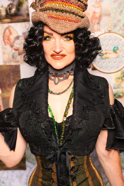 34. Wren Overbust Vest *NO TAIL* in Black & Green Medallion - The Fowl Majesty Collection