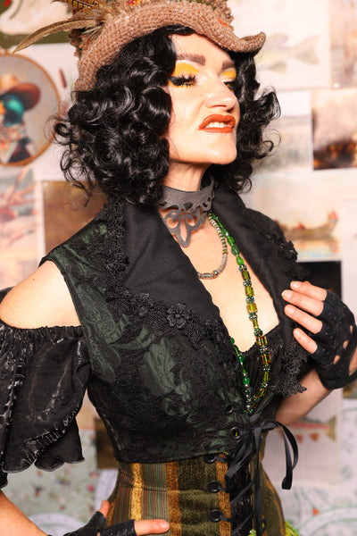 34. Wren Overbust Vest *NO TAIL* in Black & Green Medallion - The Fowl Majesty Collection