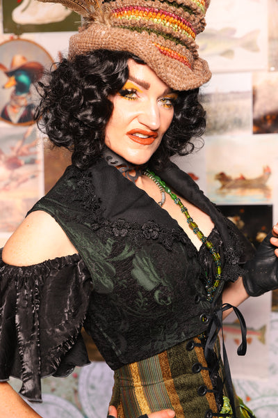 34. Wren Overbust Vest *NO TAIL* in Black & Green Medallion - The Fowl Majesty Collection