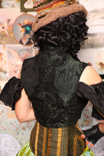 34. Wren Overbust Vest *NO TAIL* in Black & Green Medallion - The Fowl Majesty Collection