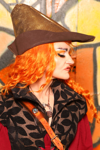Robin Hood Hat in Brown & Gold Metallic REAL Leather "Bowstrings & Bodices Collection"