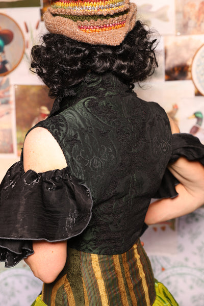 34. Wren Overbust Vest *NO TAIL* in Black & Green Medallion - The Fowl Majesty Collection
