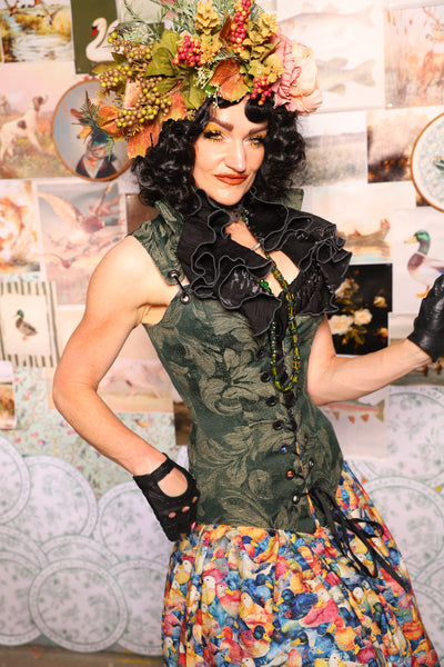 06. Courtier Overbust w/collar in Forest Scroll - The Fowl Majesty Collection