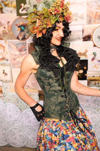 06. Courtier Overbust w/collar in Forest Scroll - The Fowl Majesty Collection