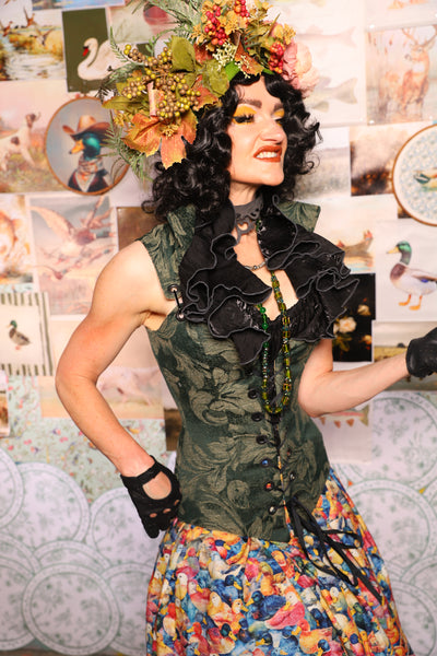 06. Courtier Overbust w/collar in Forest Scroll - The Fowl Majesty Collection