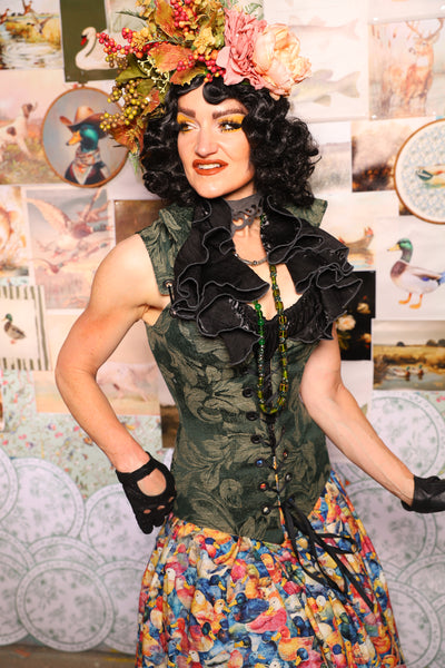 06. Courtier Overbust w/collar in Forest Scroll - The Fowl Majesty Collection