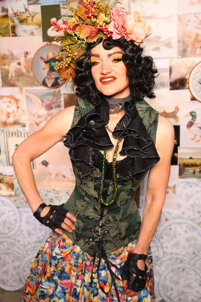 06. Courtier Overbust w/collar in Forest Scroll - The Fowl Majesty Collection