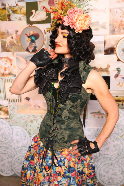 06. Courtier Overbust w/collar in Forest Scroll - The Fowl Majesty Collection