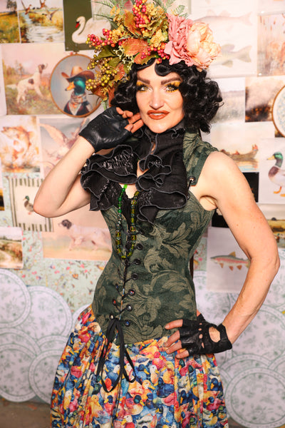 06. Courtier Overbust w/collar in Forest Scroll - The Fowl Majesty Collection