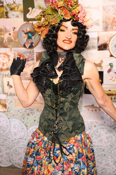06. Courtier Overbust w/collar in Forest Scroll - The Fowl Majesty Collection