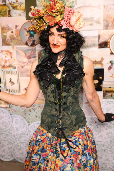 06. Courtier Overbust w/collar in Forest Scroll - The Fowl Majesty Collection