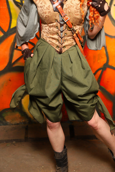 Side Tie Knee Length Bloomers w/Pocket in Forest Green Cotton -"Bowstrings & Bodices Collection"