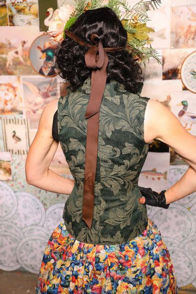 06. Courtier Overbust w/collar in Forest Scroll - The Fowl Majesty Collection