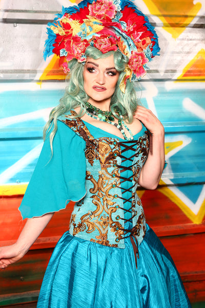 Aurora Corset in Turquoise & Gold Medallion - The "Chasing Waterfalls" Collection #03