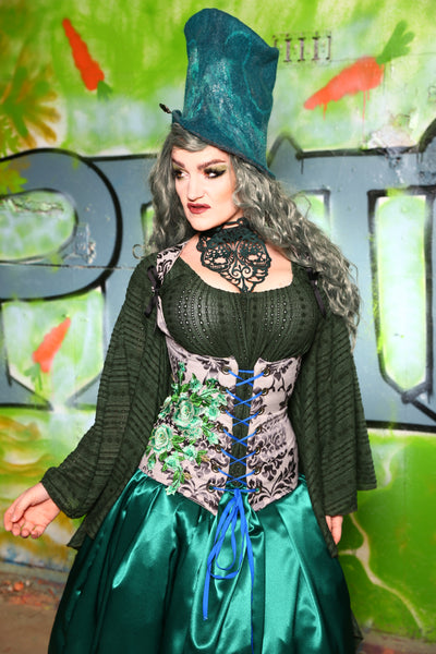 Vixen Corset *no collar* in Silver Damask w/ Green Flower Embroidery  -"Greener Pastures Collection" #41