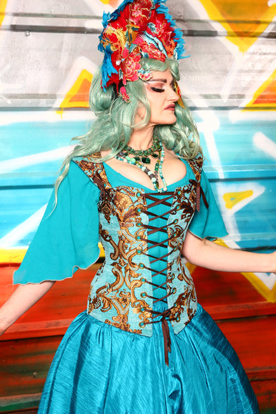 Aurora Corset in Turquoise & Gold Medallion - The "Chasing Waterfalls" Collection #03