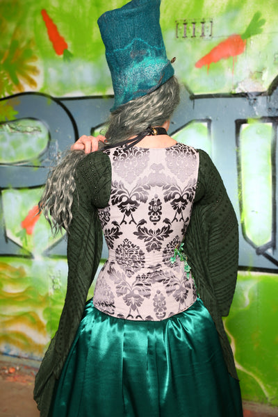 Vixen Corset *no collar* in Silver Damask w/ Green Flower Embroidery  -"Greener Pastures Collection" #41