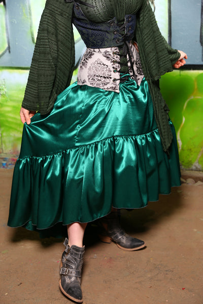 Stagecoach Skirt with Long Ruffle in Emerald Satin  -"Greener Pastures Collection" #34
