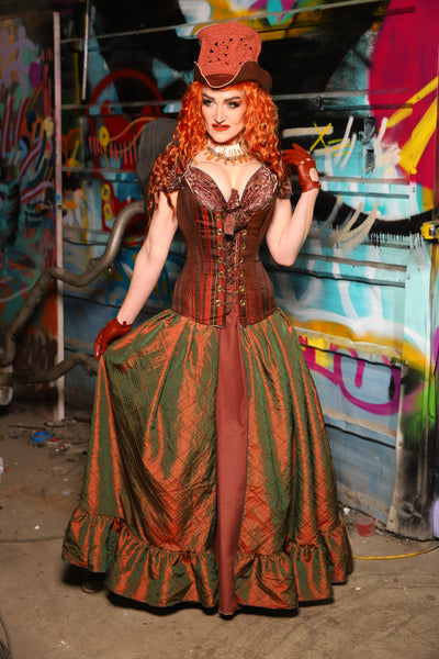 27. Split Front Skirt w/ruffle in Two Tone Tangerine & Green Pintuck - The "Ensembled in Embers" Collection