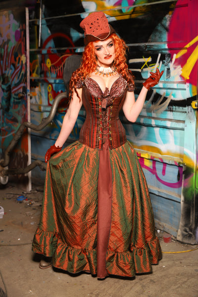 27. Split Front Skirt w/ruffle in Two Tone Tangerine & Green Pintuck - The "Ensembled in Embers" Collection