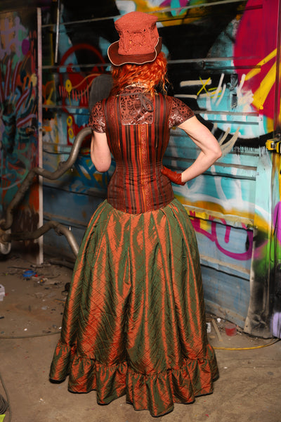 27. Split Front Skirt w/ruffle in Two Tone Tangerine & Green Pintuck - The "Ensembled in Embers" Collection