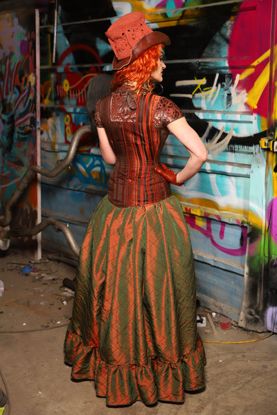 27. Split Front Skirt w/ruffle in Two Tone Tangerine & Green Pintuck - The "Ensembled in Embers" Collection