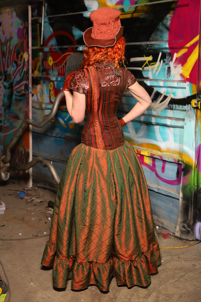 27. Split Front Skirt w/ruffle in Two Tone Tangerine & Green Pintuck - The "Ensembled in Embers" Collection