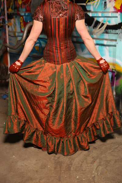 27. Split Front Skirt w/ruffle in Two Tone Tangerine & Green Pintuck - The "Ensembled in Embers" Collection