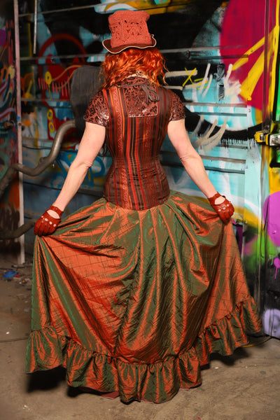 27. Split Front Skirt w/ruffle in Two Tone Tangerine & Green Pintuck - The "Ensembled in Embers" Collection