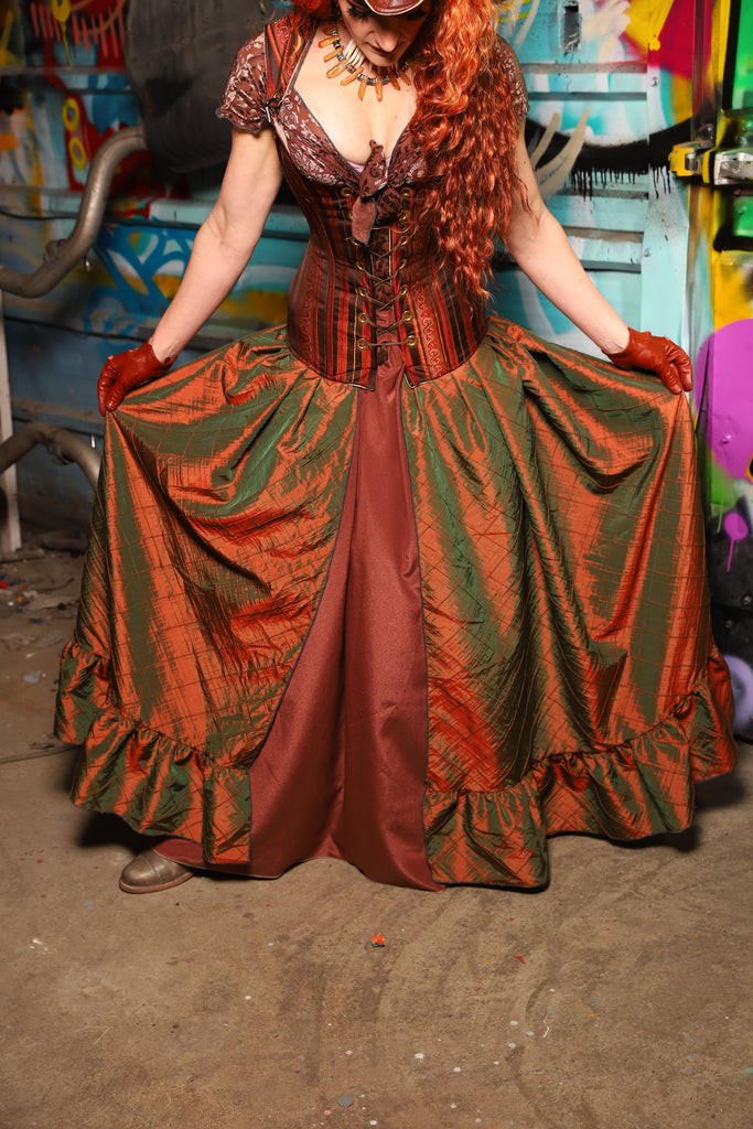 27. Split Front Skirt w/ruffle in Two Tone Tangerine & Green Pintuck - The "Ensembled in Embers" Collection