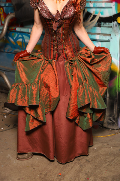 27. Split Front Skirt w/ruffle in Two Tone Tangerine & Green Pintuck - The "Ensembled in Embers" Collection