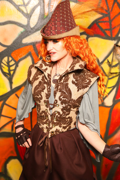 Guinevere II Bodice in Brown & Cream Damask Chenille -"Bowstrings & Bodices Collection"