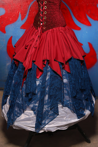 Double Layer Fairy Skirt in Peacock Lace w/Crimson Matte Back Crepe Satin Mini Fairy - The Checkered Past Collection