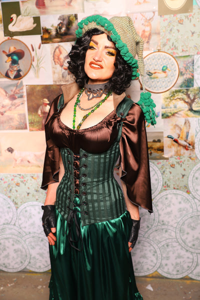 32. Vixen Underbust Corset w/collar in Thin Kale Matte & Satin Stripe -The Fowl Majesty Collection