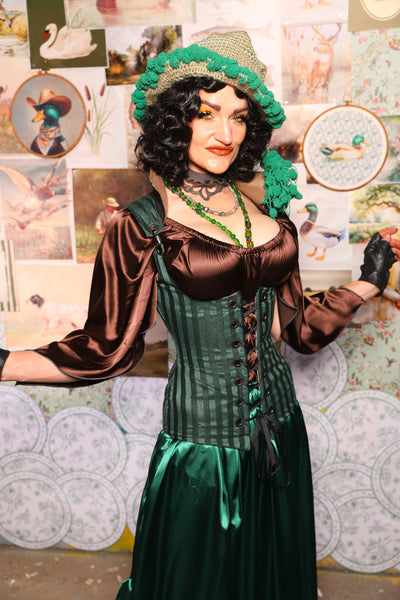 32. Vixen Underbust Corset w/collar in Thin Kale Matte & Satin Stripe -The Fowl Majesty Collection