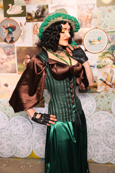 32. Vixen Underbust Corset w/collar in Thin Kale Matte & Satin Stripe -The Fowl Majesty Collection