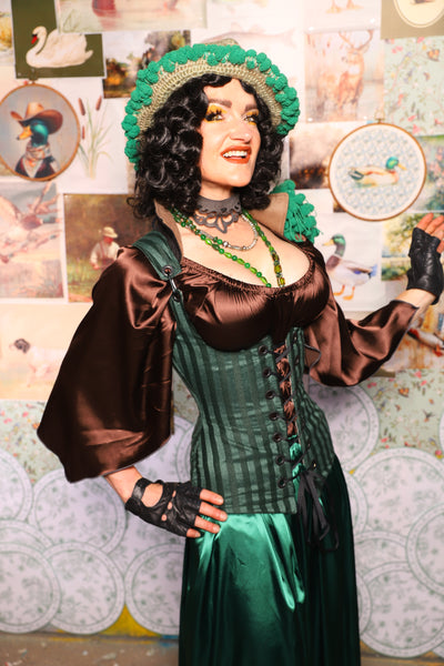 32. Vixen Underbust Corset w/collar in Thin Kale Matte & Satin Stripe -The Fowl Majesty Collection