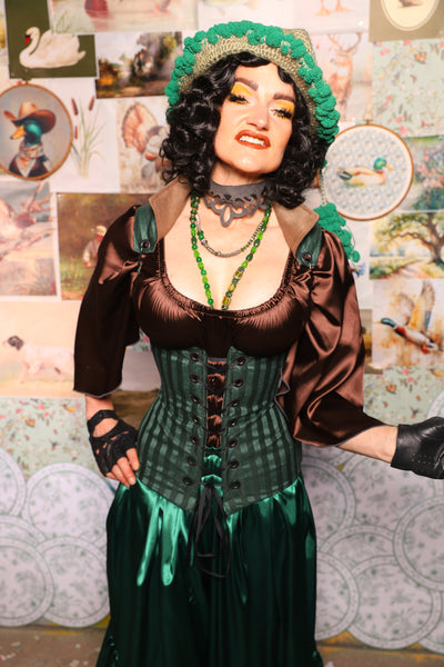 32. Vixen Underbust Corset w/collar in Thin Kale Matte & Satin Stripe -The Fowl Majesty Collection