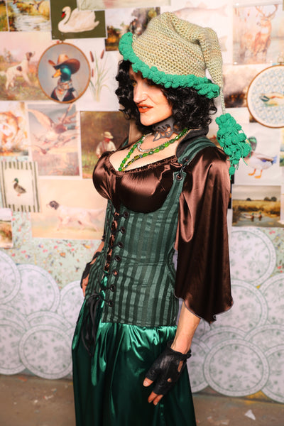 32. Vixen Underbust Corset w/collar in Thin Kale Matte & Satin Stripe -The Fowl Majesty Collection