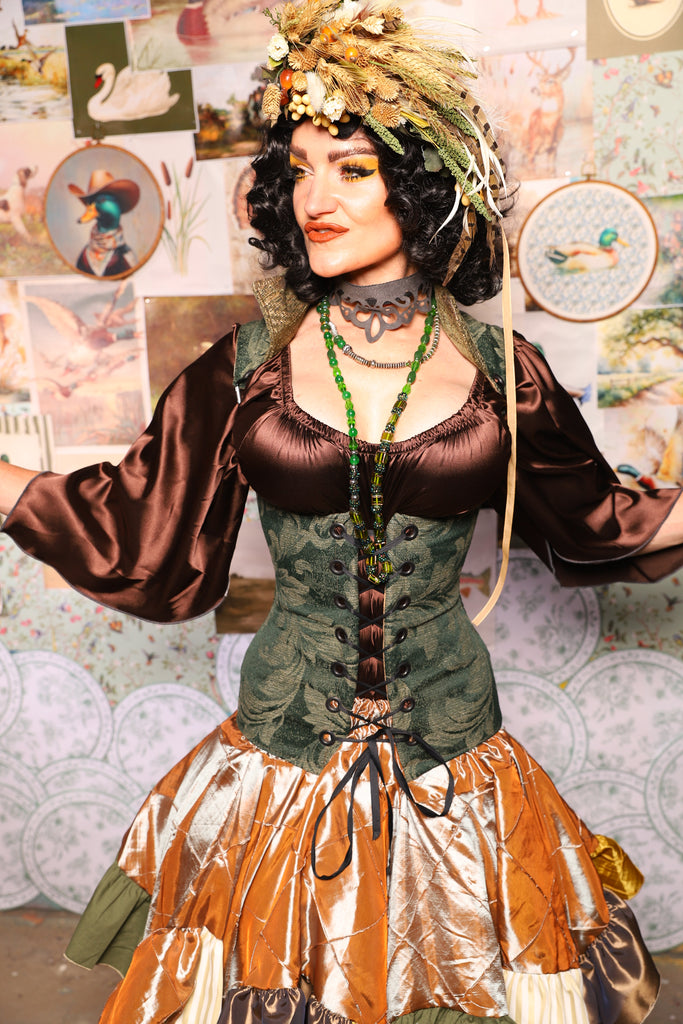 31. Vixen Underbust Corset w/collar in Forest Scroll -The Fowl Majesty Collection