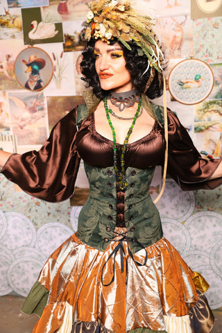 31. Vixen Underbust Corset w/collar in Forest Scroll -The Fowl Majesty Collection
