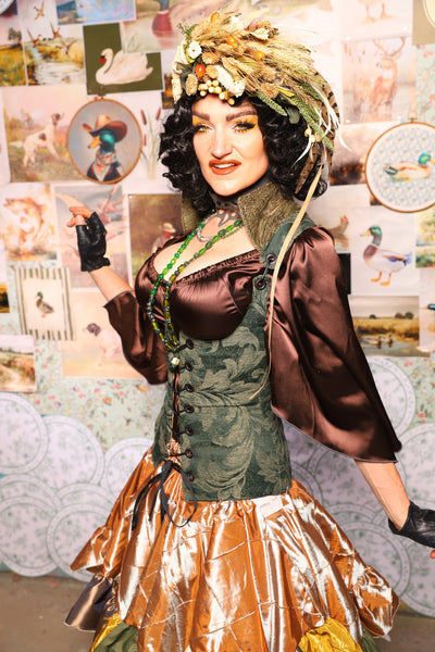 31. Vixen Underbust Corset w/collar in Forest Scroll -The Fowl Majesty Collection