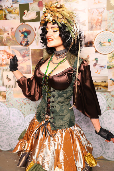 31. Vixen Underbust Corset w/collar in Forest Scroll -The Fowl Majesty Collection