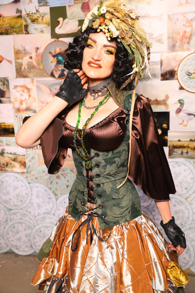 31. Vixen Underbust Corset w/collar in Forest Scroll -The Fowl Majesty Collection