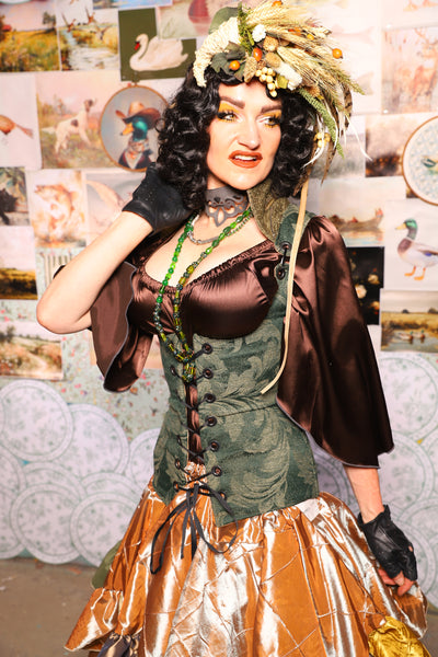 31. Vixen Underbust Corset w/collar in Forest Scroll -The Fowl Majesty Collection