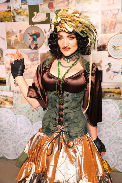 31. Vixen Underbust Corset w/collar in Forest Scroll -The Fowl Majesty Collection