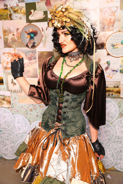 31. Vixen Underbust Corset w/collar in Forest Scroll -The Fowl Majesty Collection