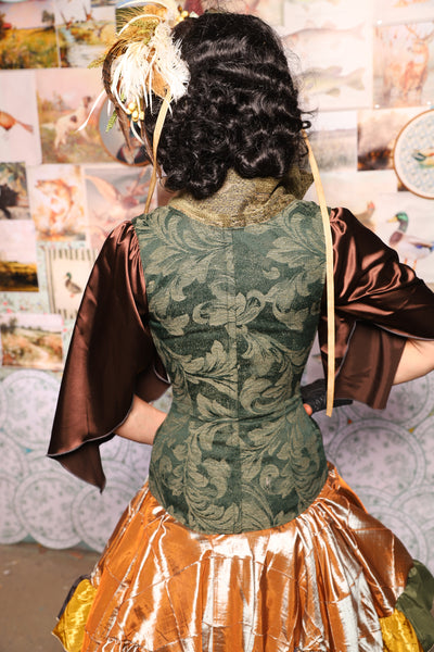 31. Vixen Underbust Corset w/collar in Forest Scroll -The Fowl Majesty Collection