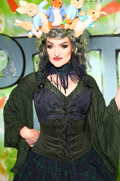 Cropped Courtier Corset in Emerald & Navy Vine  -"Greener Pastures Collection" #4 *Order by BUST measurement, not Corset Waist*