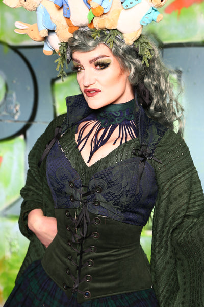 Cropped Courtier Corset in Emerald & Navy Vine  -"Greener Pastures Collection" #4 *Order by BUST measurement, not Corset Waist*